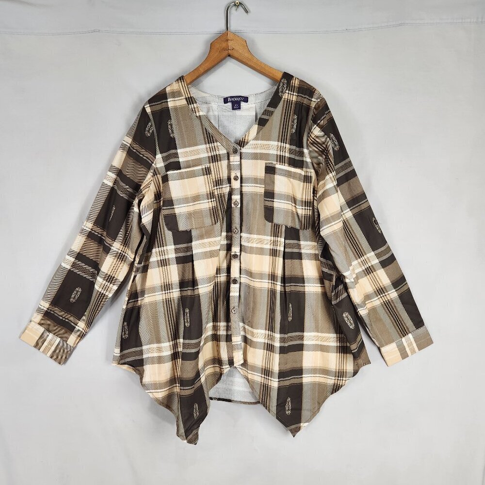 Roaman's Button Up Tunic Top Plus Sz 16W Shark Bite Hem Brown Tan Plaid Roll Tab